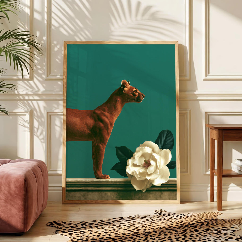 Fossa & Magnolia Poster, Dark Green Animal Wall Art, Botanical Print