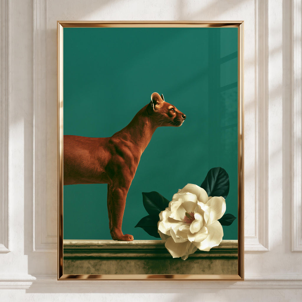 Fossa & Magnolia Poster, Dark Green Animal Wall Art, Botanical Print