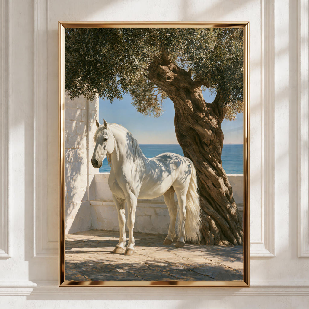 White Stallion Olive Tree Mediterranean Sea Wall Art Poster, Coastal Horse Print