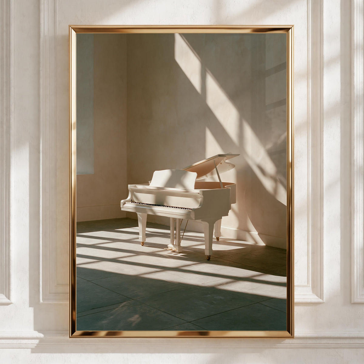 White Grand Piano Sunlight Poster, Minimalist Music Room Art Print