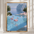 Flamingos in Infinity Pool, Mediterranean Cliff View, Wall Art Poster