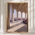 Lavender Field Arches Poster, Travertine Colonnade Wall Art, Botanical Architecture Print