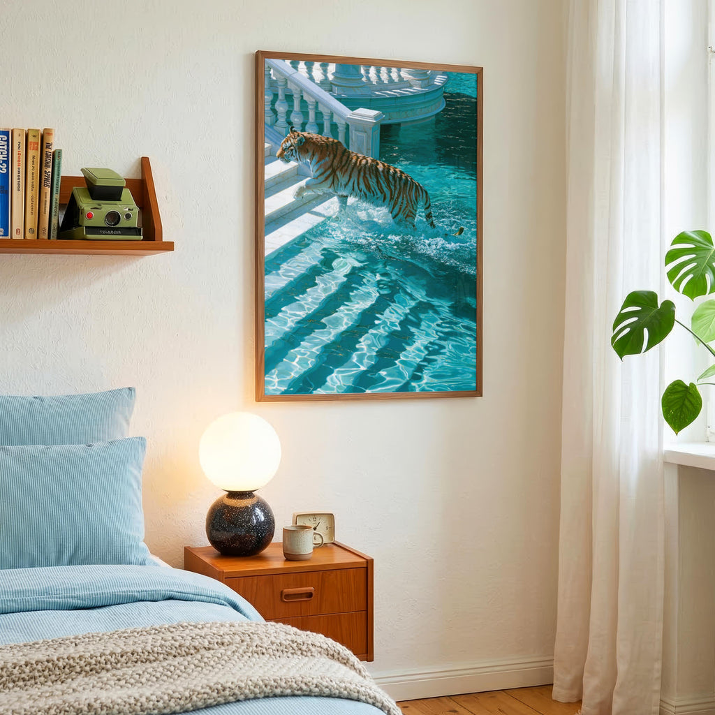 Tiger Leaping into Water, Villa Pool Wall Art Poster, Surreal Style