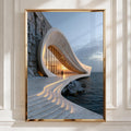 Travertine Sea Architecture Poster, Coastal Curved Building, Modern Art Print