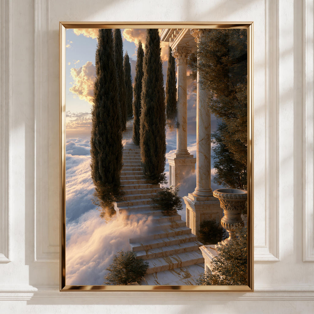 Stairway to Heaven Poster, Marble Steps Cypress Trees, Classical Architecture Art Print