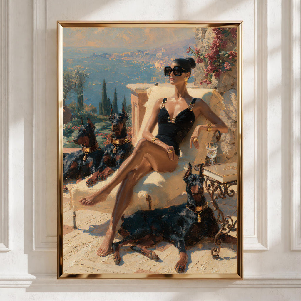 Woman with Dobermanns Wall Art, Mediterranean Terrace, Luxury Oil Painting Print, Old money poster