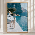 Dobermann Infinity Pool Poster, White Dog Mediterranean Cliffs, Luxury Print