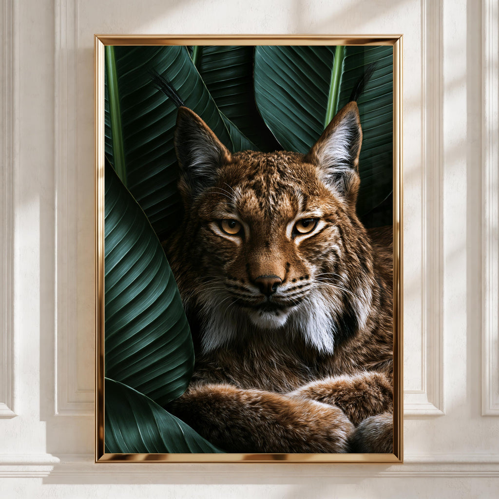 Lynx Portrait Tropical Leaves Wall Art Poster, Wild Cat Print