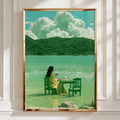 Woman Tea Table Sea Poster, Surreal Green Coastal Wall Art, Dreamy Figurative Print