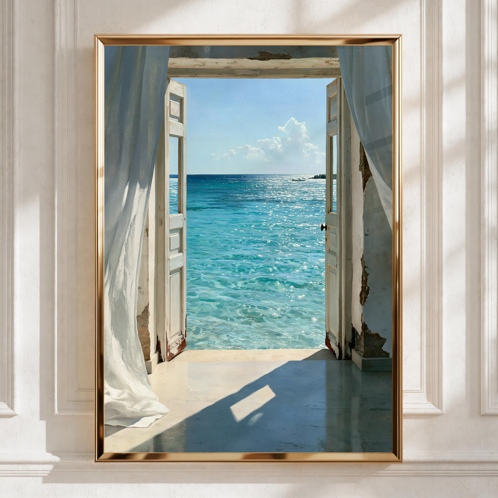 Open Door Sea View Poster, Coastal Ocean Print, Mediterranean Wall Art