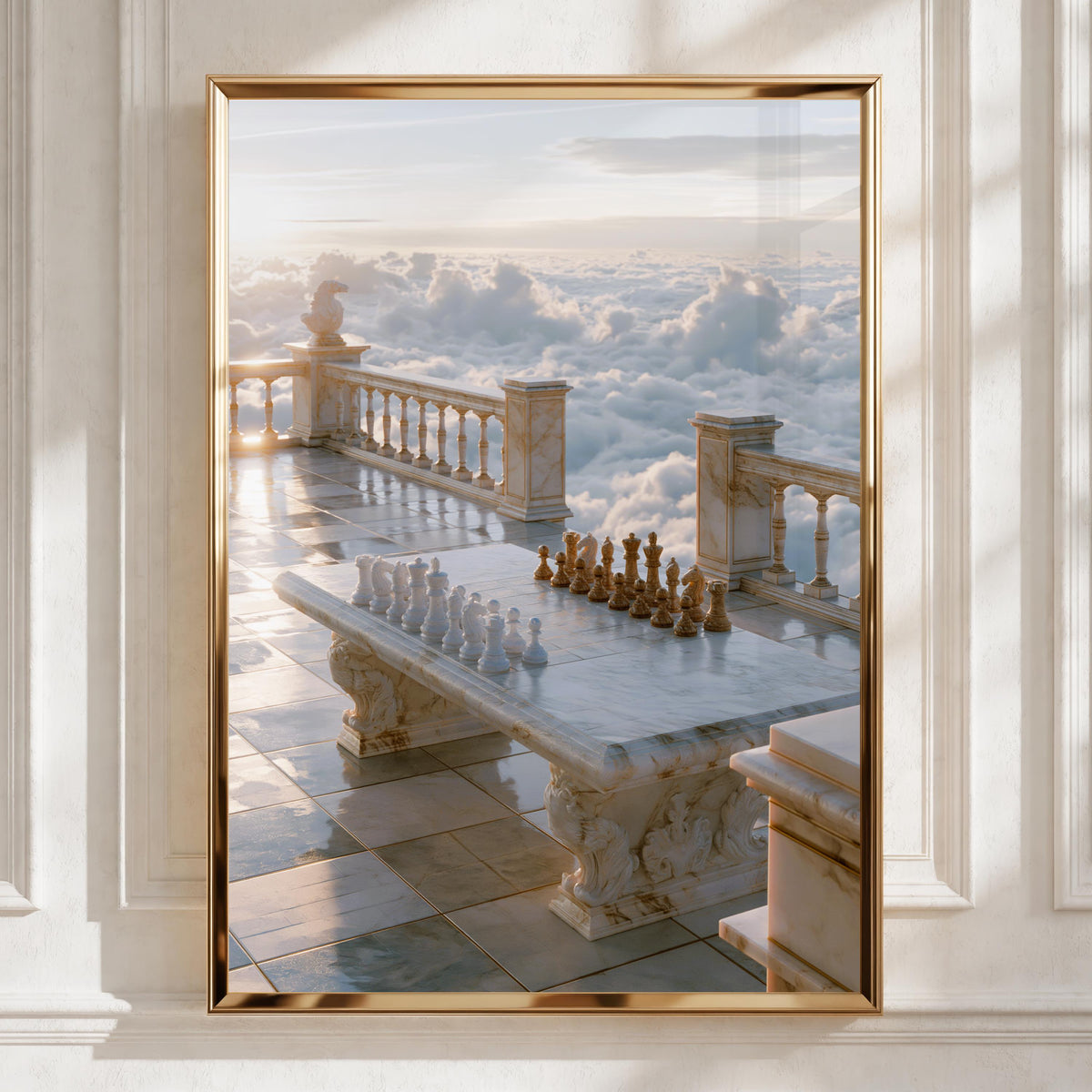 Chess Above the Clouds, Marble Terrace Wall Art Poster, Surreal Sky Print