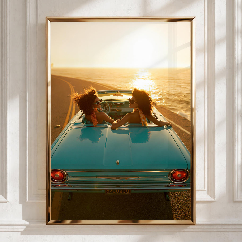 Women in Vintage Car Sunset Coastal Road Trip Poster, Retro Travel Print
