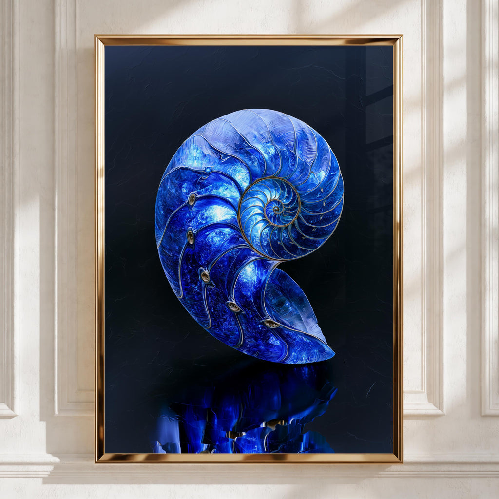 Sapphire Nautilus Shell Poster, Blue Spiral Art Print, Ocean Nature Wall Art
