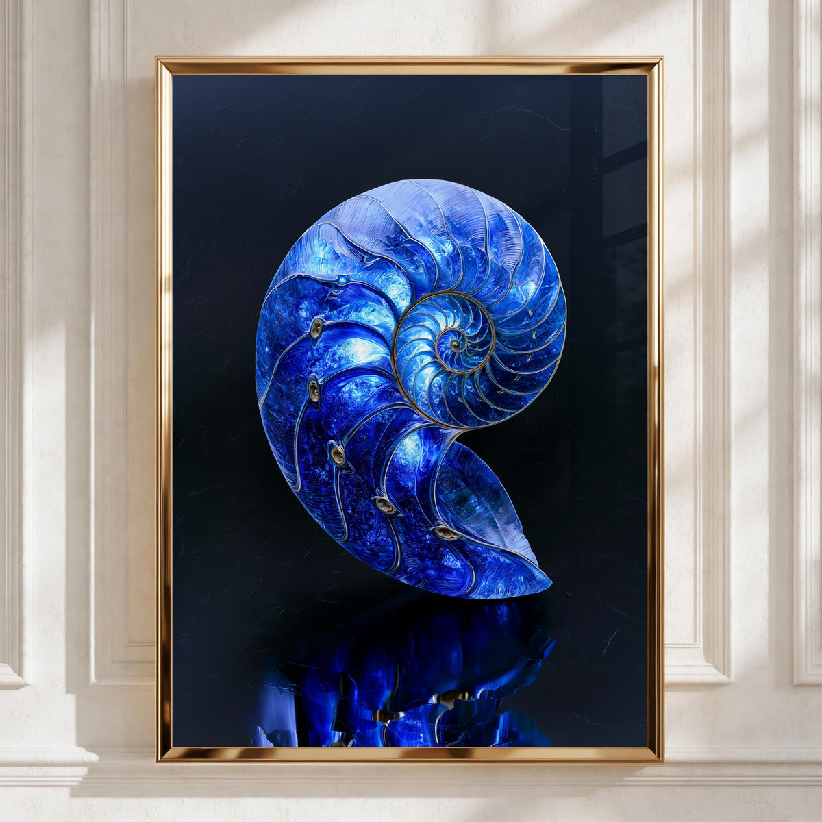 Sapphire Nautilus Shell Poster, Blue Spiral Art Print, Ocean Nature Wall Art