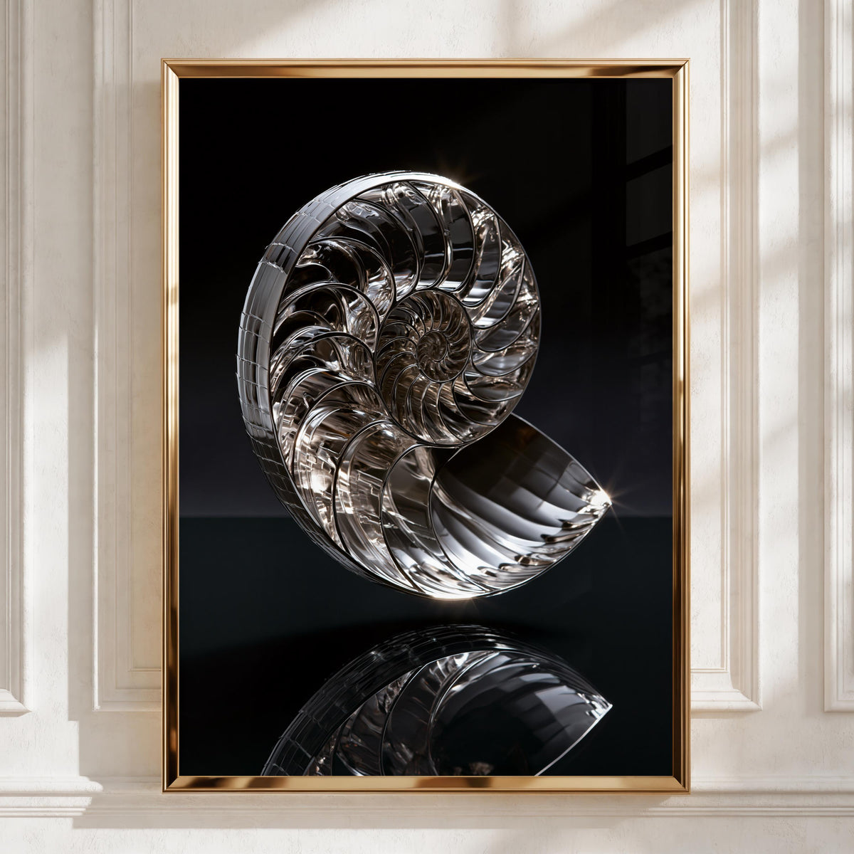 Chrome Nautilus Shell Poster, Silver Spiral Art Print, Modern Minimalist