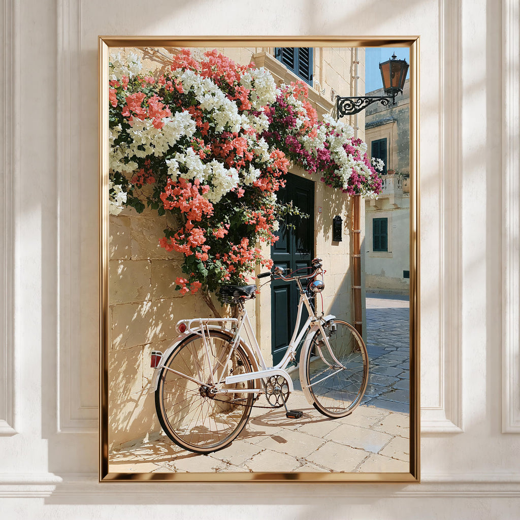 Bicycle Flowers Street Poster, Mediterranean Wall Art, Bougainvillea Print