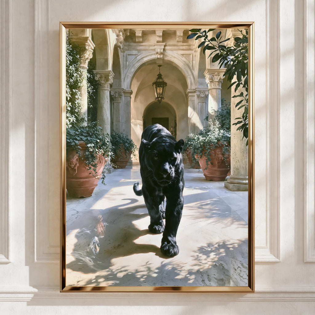 Black Panther Italian Villa Poster, Marble Courtyard, Luxury Animal Wall Art