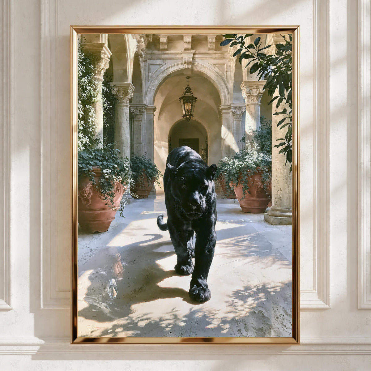 Black Panther Italian Villa Poster, Marble Courtyard, Luxury Animal Wall Art