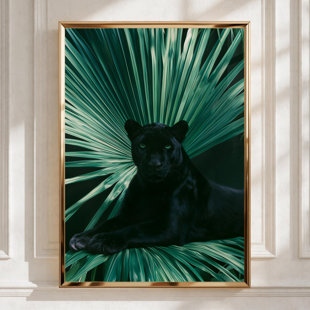 Black Panther Palm Leaf Poster, Tropical Wildlife Wall Art, Dark Jungle Print
