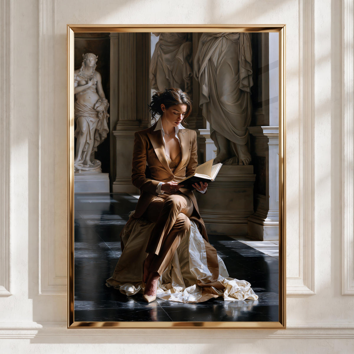 Woman Reading in Classical Hall, Art Poster, Figurative Realism Print