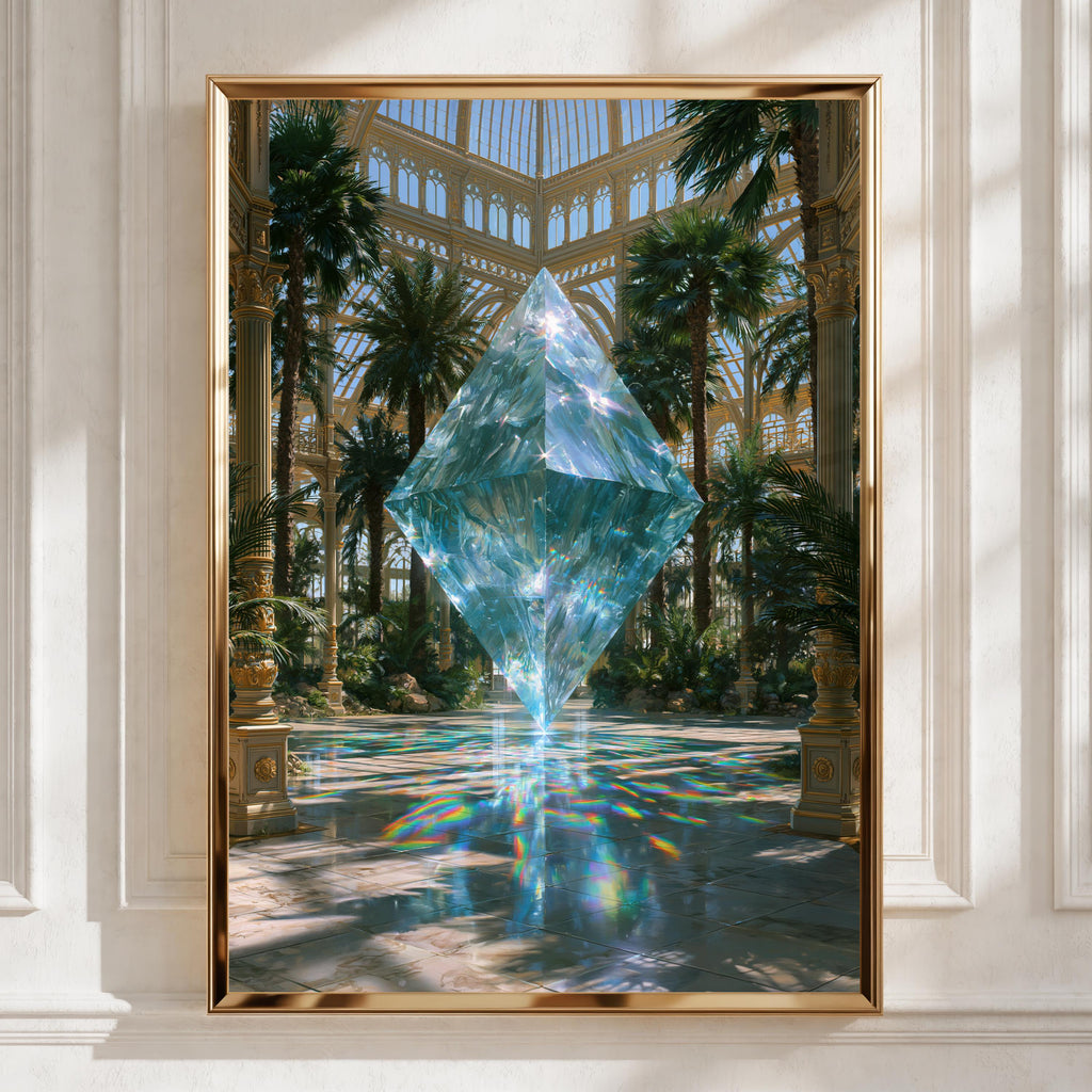 Crystal Giant Greenhouse Poster, Floating Gem Abstract Art Print, Surreal Botanical