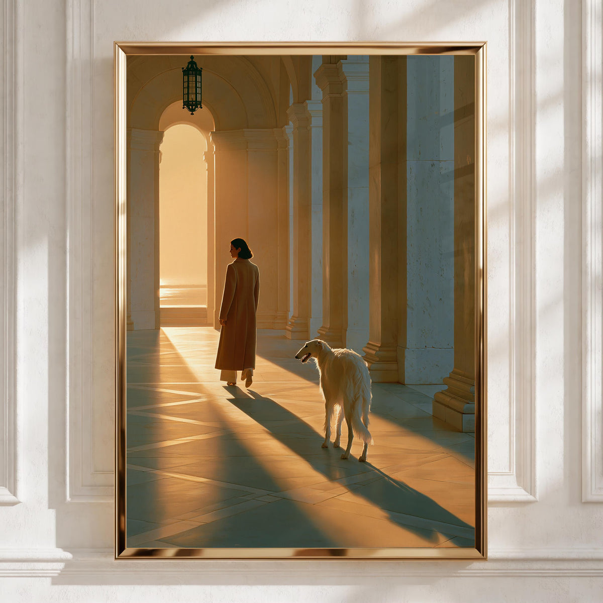 Woman & Borzoi Dog Colonnade Wall Art Poster, Golden Light Figurative Print