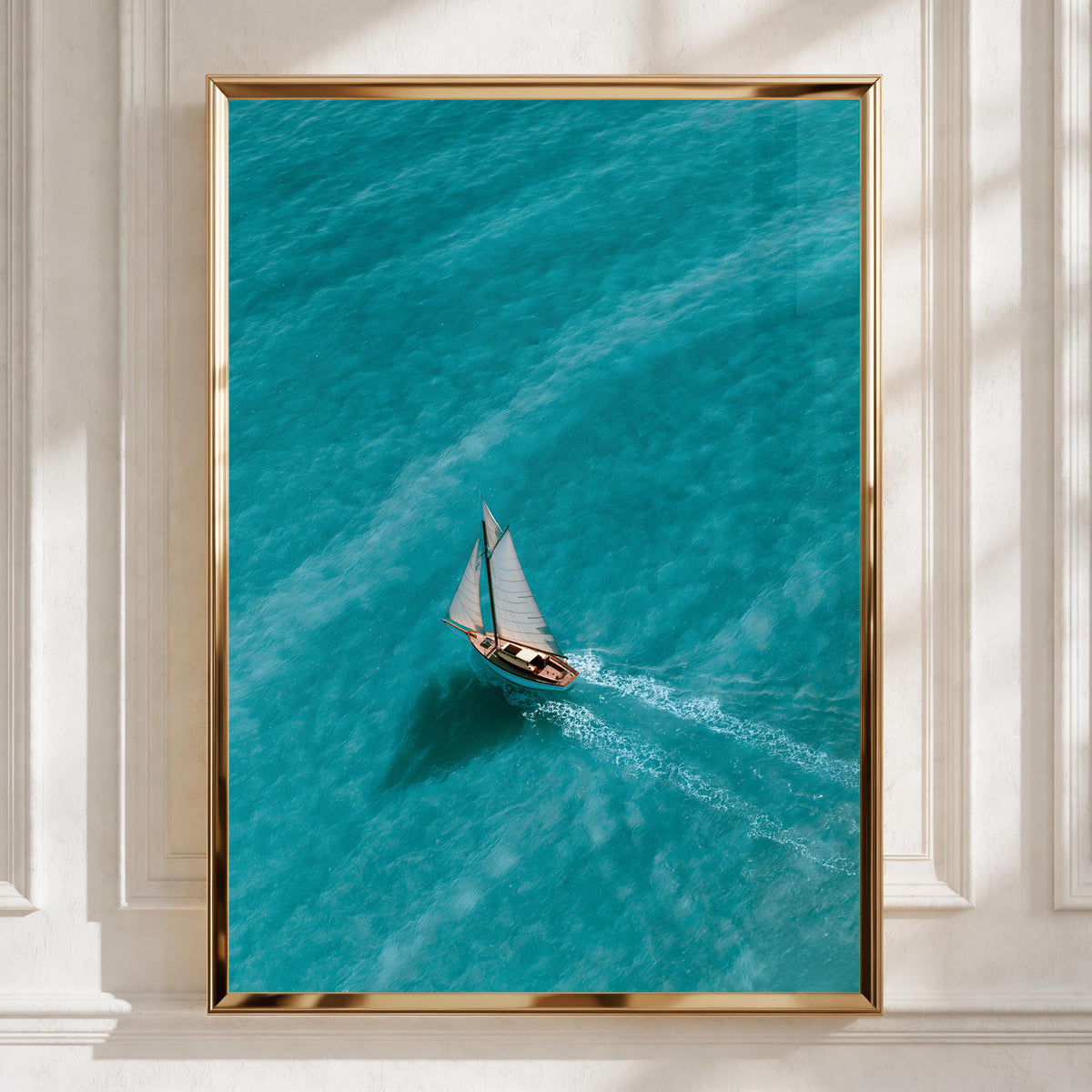 Sailboat Clear Turquoise Sea Poster, Aerial Ocean Wall Art, Nautical Print