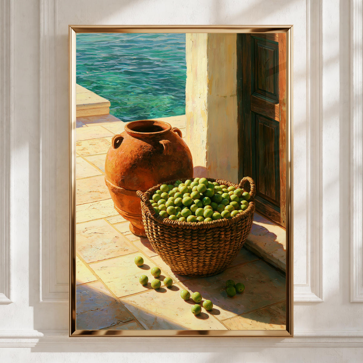 Olive Basket Mediterranean Wall Art Poster, Still Life Oil Painting Print