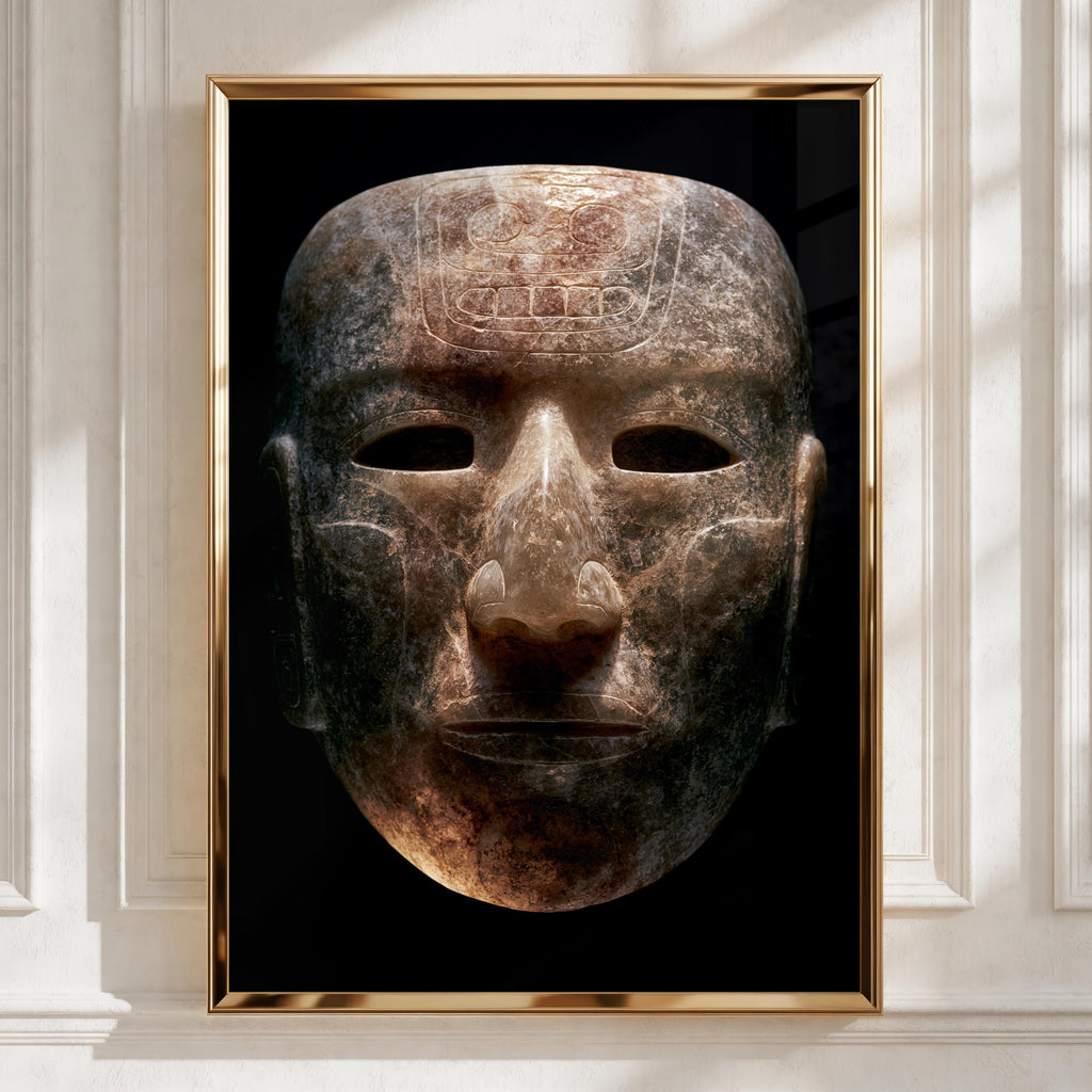 Aztec Mask Wall Art Poster, Ancient Stone Face, Mesoamerican Print
