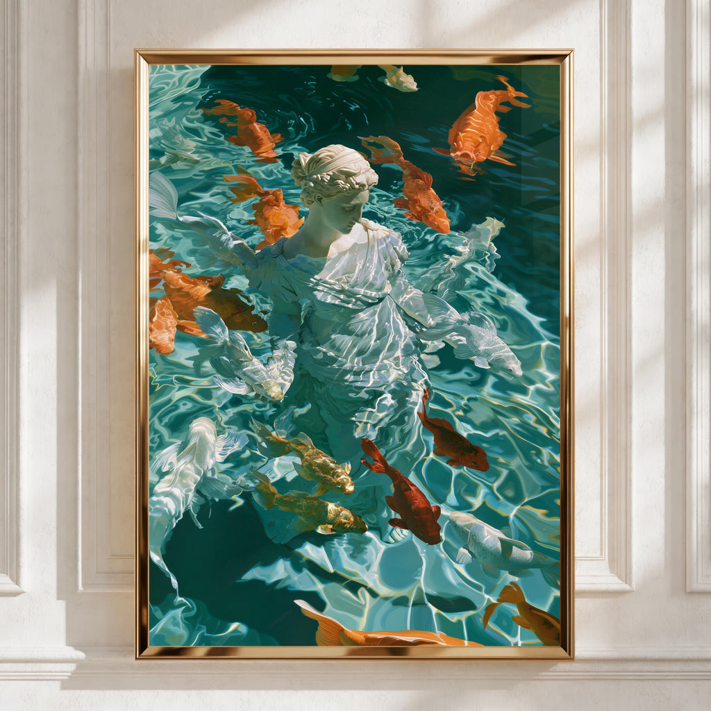 Roman Statue Koi Fish Poster, Classical Goddess Wall Art, Teal Modern Print