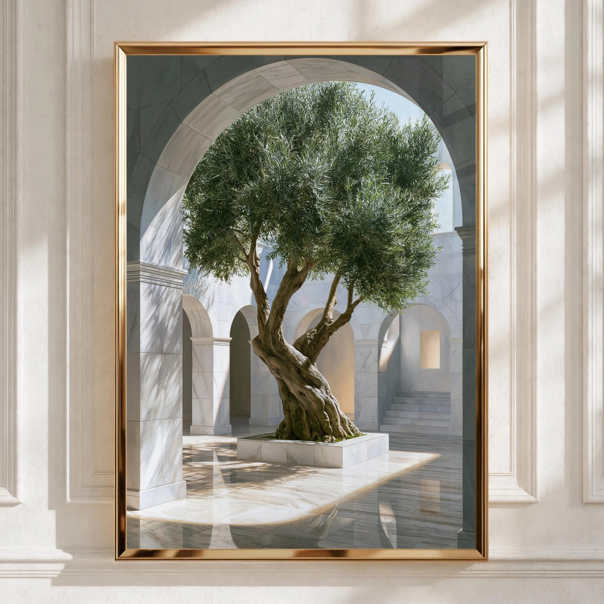 Olive Tree Arch Sunlight Poster, Mediterranean Courtyard Wall Art, Minimalist Print