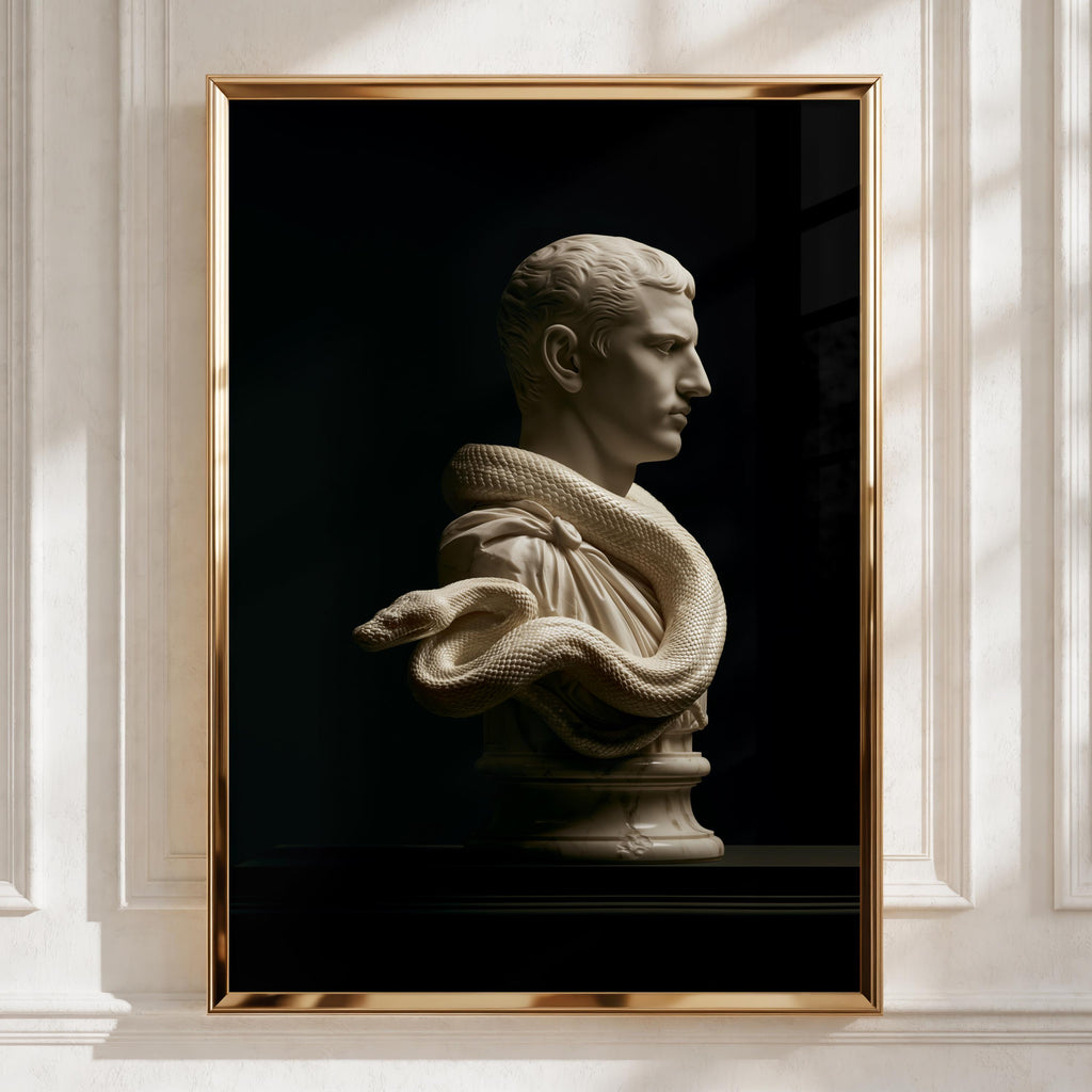 Roman Statue Snake Bust Poster, Classical Marble Sculpture, Dark Art Print