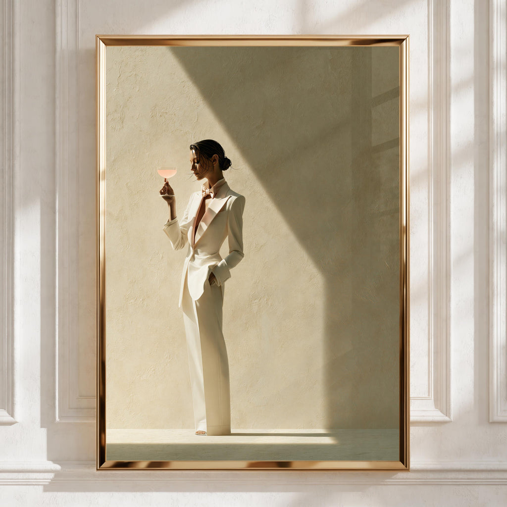 Woman White Tuxedo Cocktail Poster, Elegant Fashion Wall Art, Minimalist Print