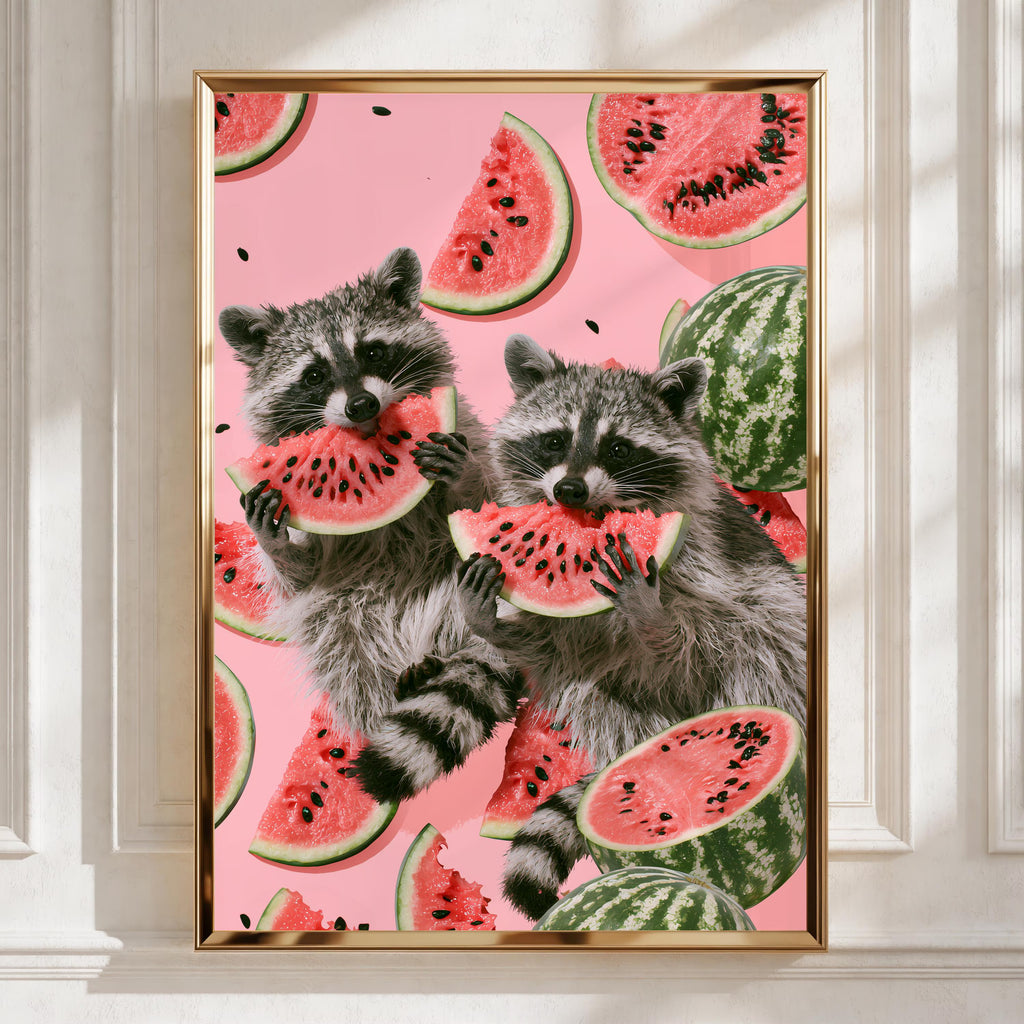 Raccoons Enjoying Watermelon, Cute Animal Print, Colourful Wall Art, Fun Home Decor