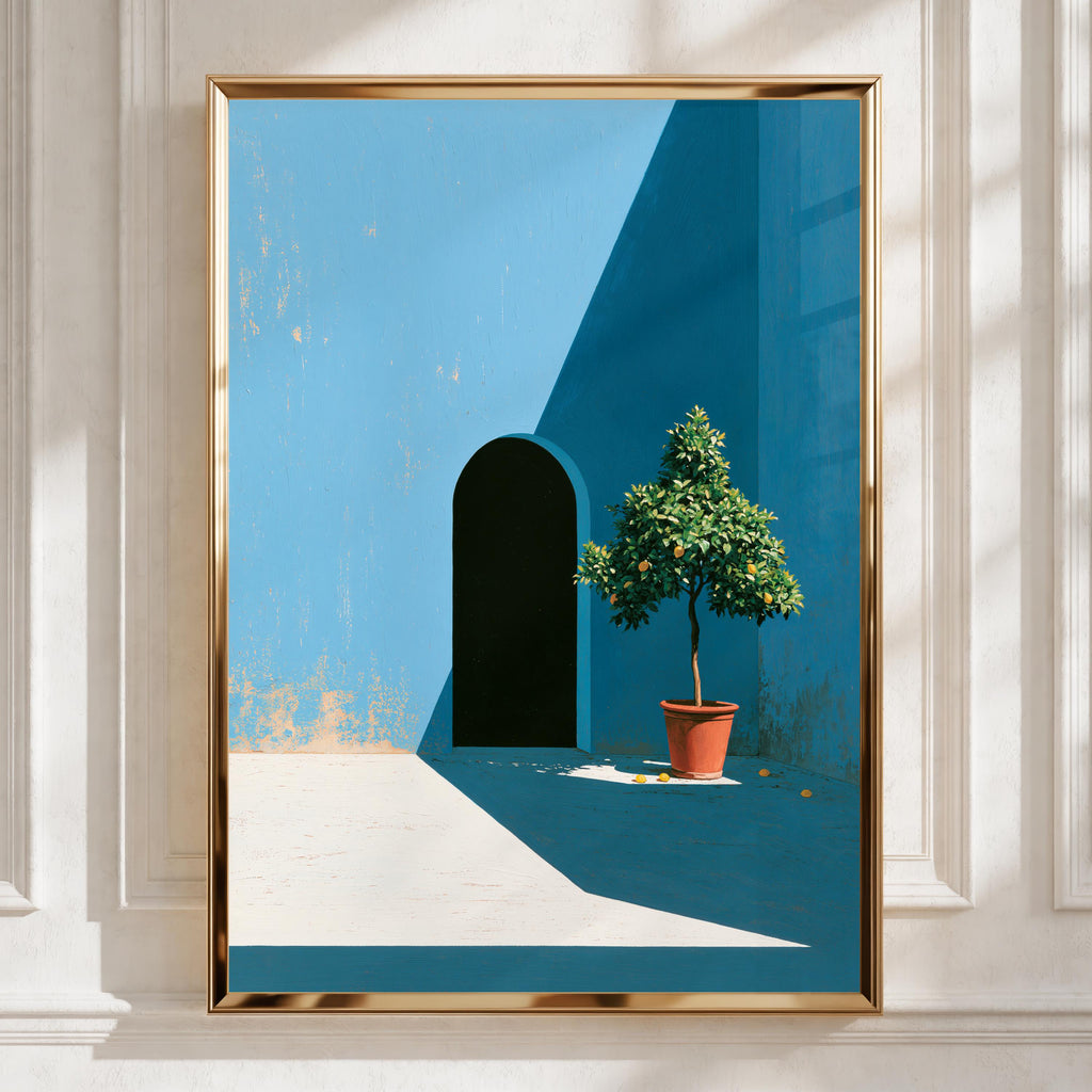 Courtyard Blue Scene, Potted Lemon Tree Art Print, Minimalist Decor, Vibrant Colours