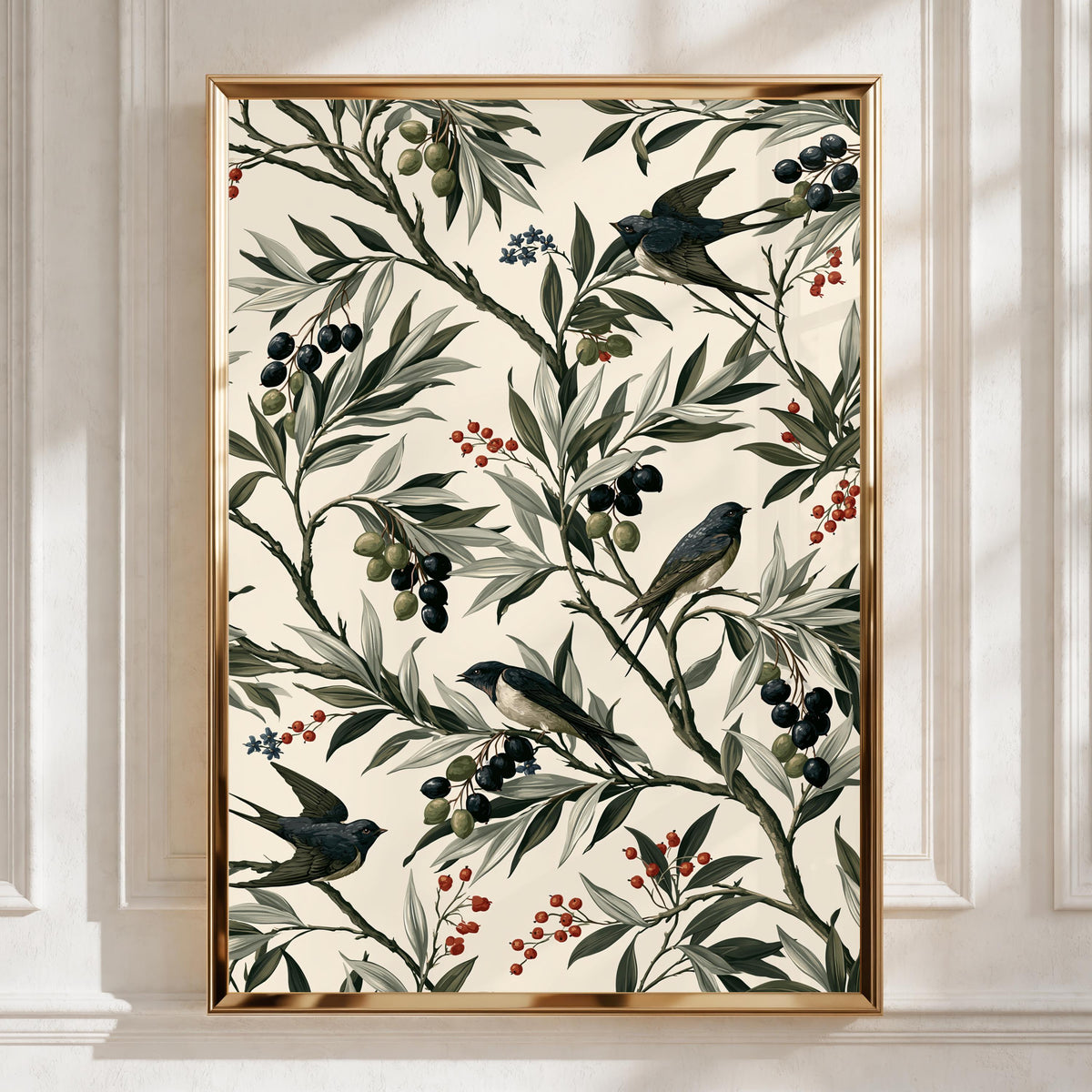 Olive Motif Wall Art, Bird Print Poster, Botanical Illustration, Vintage Style Decor