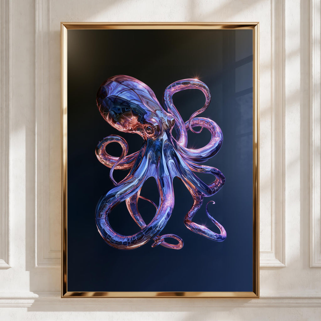 Chrome Octopus Poster, Metallic Tentacles, Dark Blue Futuristic Wall Art