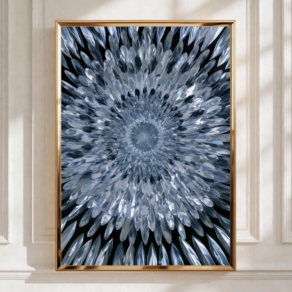 Mirror Feathers Mandala Poster, Silver Blue Abstract Wall Art Print