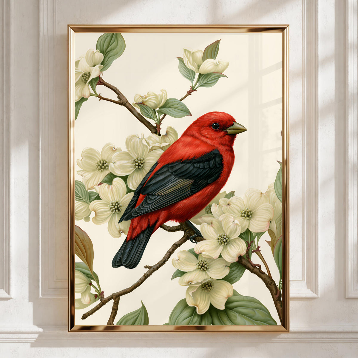 Red Bird on Dogwood Blossom Poster, Scarlet Tanager botanical illustration print