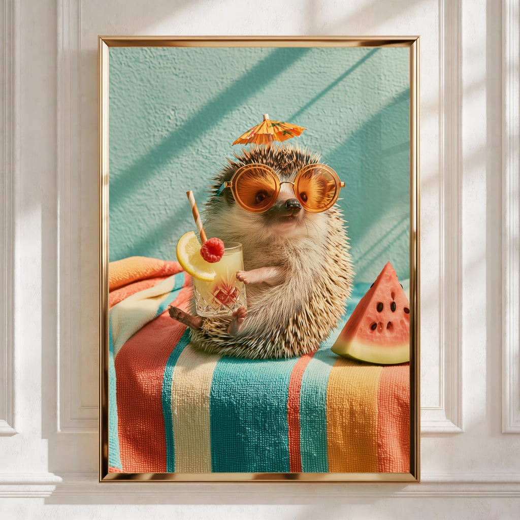 Hedgehog Summer Cocktail Poster, Cute Animal Wall Art, Retro Fun Print