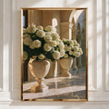 White Hydrangeas in Stone Urns, Classical Colonnade Wall Art Poster