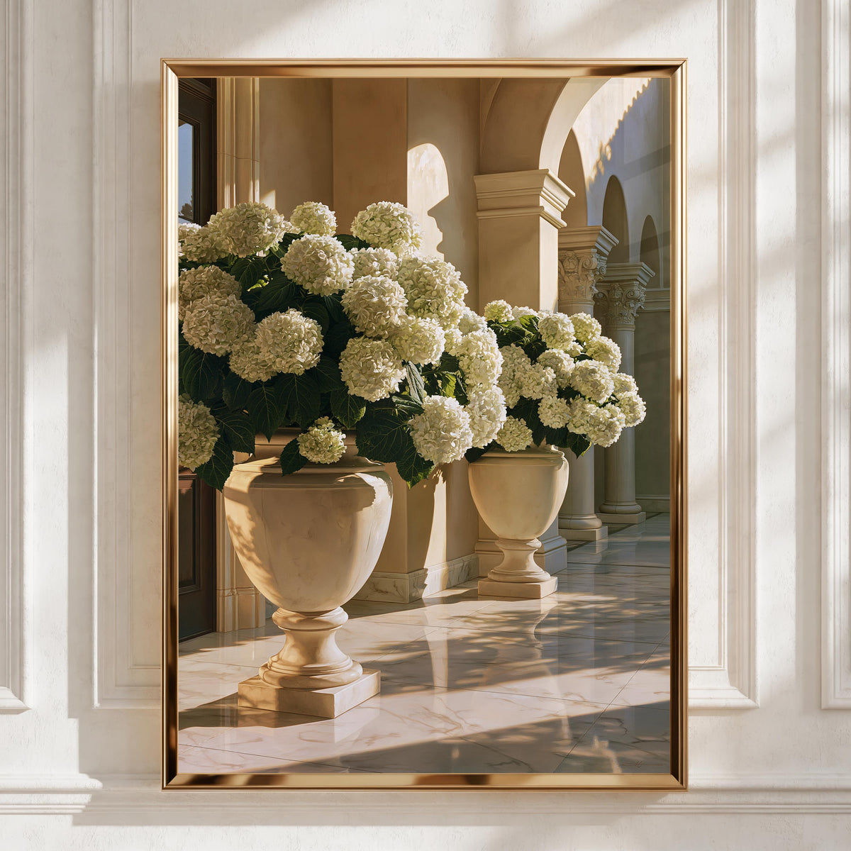 White Hydrangeas in Stone Urns, Classical Colonnade Wall Art Poster