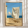 Mediterranean Laundry Sea View Poster, White Linen Coastal Wall Art Print