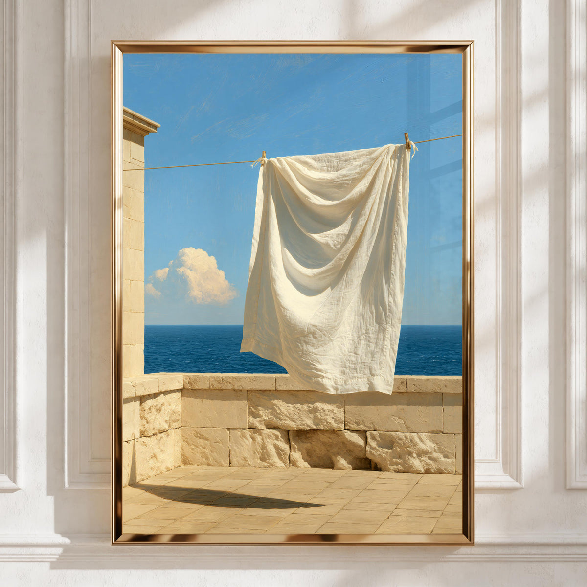 Mediterranean Laundry Sea View Poster, White Linen Coastal Wall Art Print