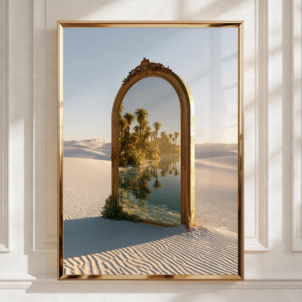 Desert Oasis Mirror Poster, Surreal Palm Tree Sand Dune Wall Art Print