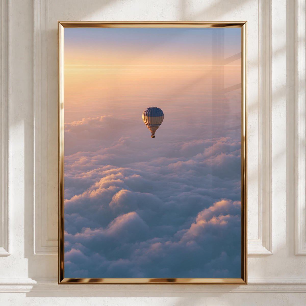 Hot Air Balloon Above Clouds Poster, Sunset Sky Wall Art Print