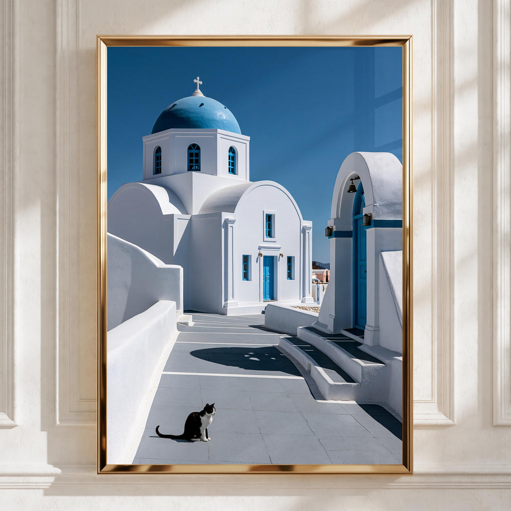 Santorini Cat Poster, Greek Blue Dome Church, Mediterranean Travel Wall Art