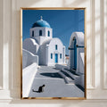 Santorini Cat Poster, Greek Blue Dome Church, Mediterranean Travel Wall Art