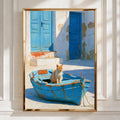 Cat in Blue Boat Mediterranean Street Wall Art Poster, Oil Painting Style