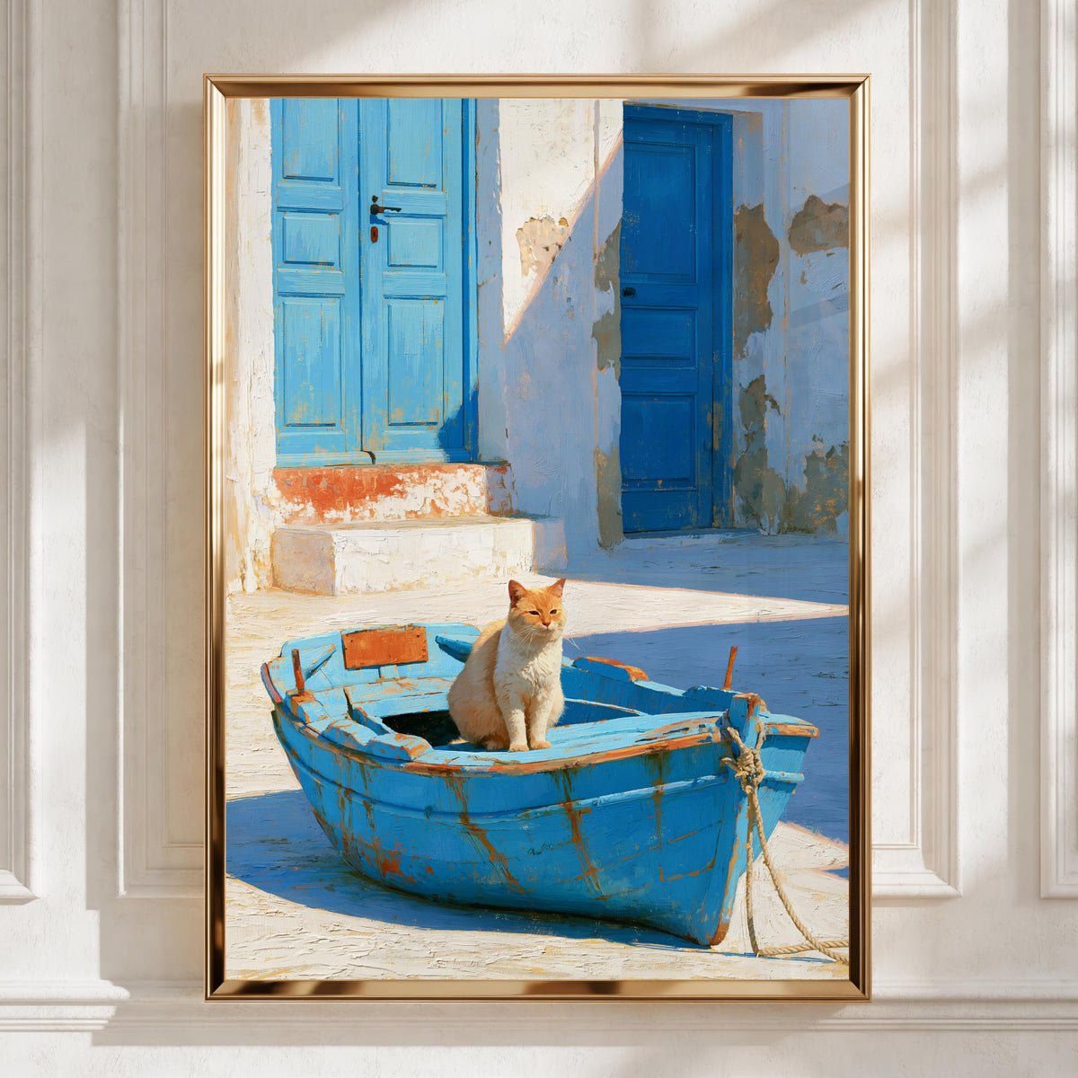 Cat in Blue Boat Mediterranean Street Wall Art Poster, Oil Painting Style